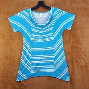 JONES NEW YORK Womens Top XS Blue Stripe Pullover Cowl Neck Asymmetric Stretch